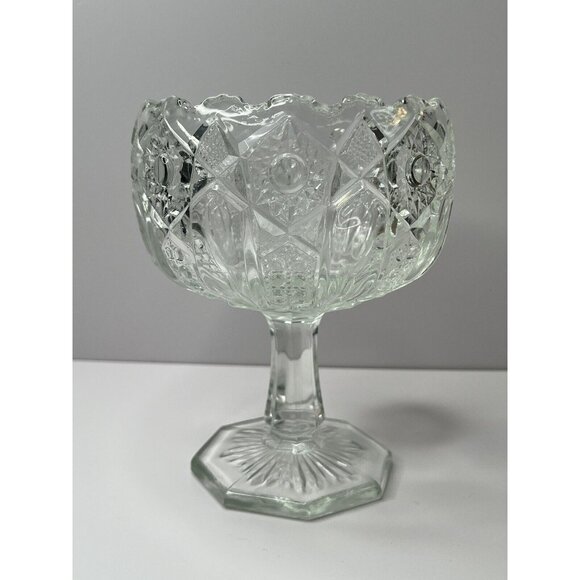 McKee Quintec Glass Compote Bowl Pedestal Clear Early American Pressed - Picture 2 of 6